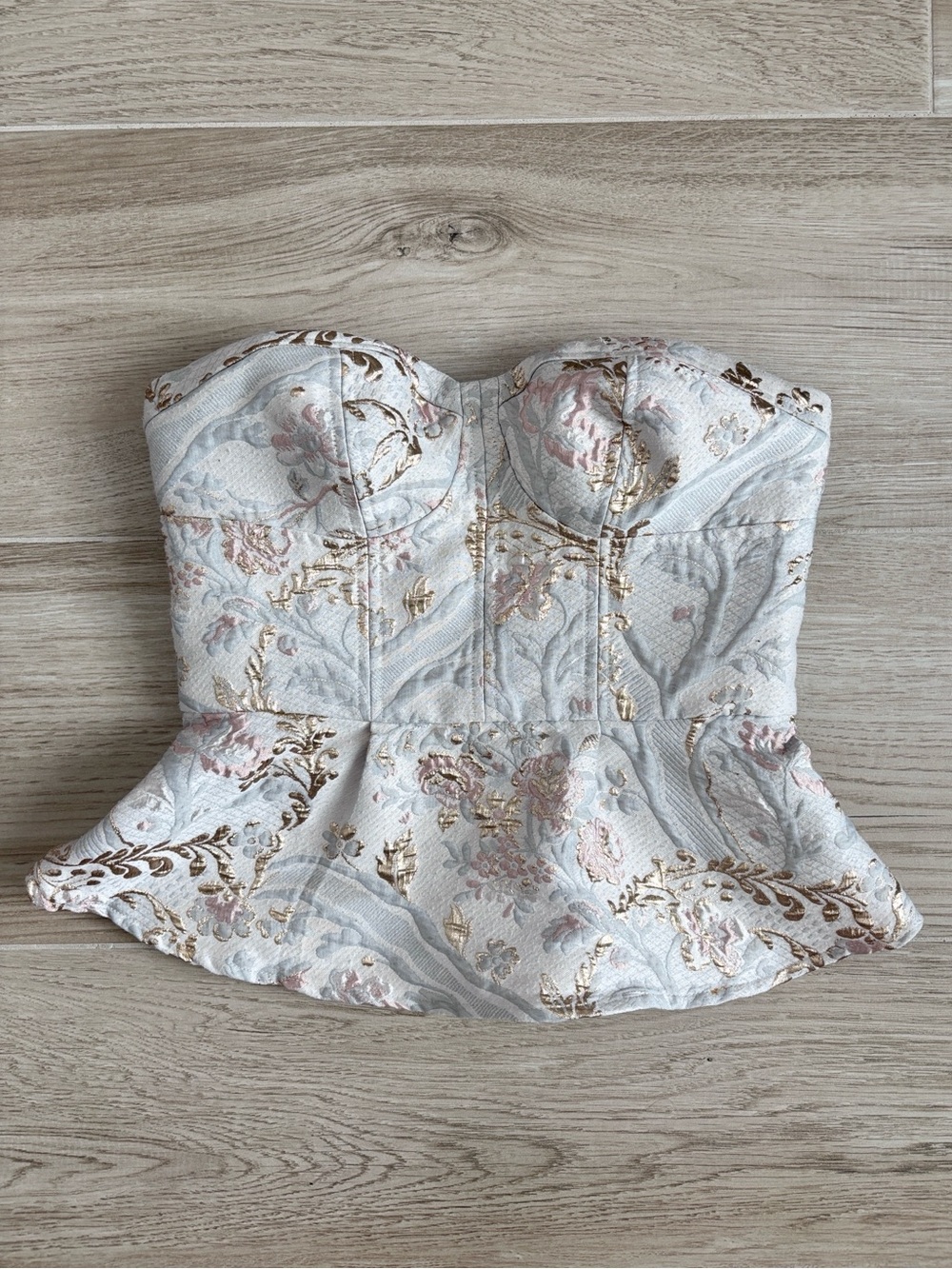 Strapless Peplum Brocade Top in White and Gold
